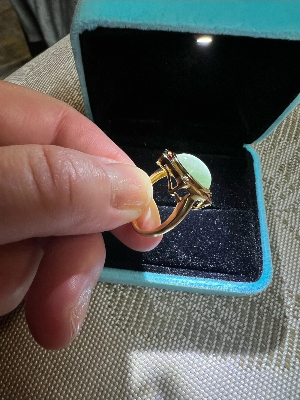 VINTAGE REAL 14K Gold Ring with REAL Jade large stone, and Ruby Accents